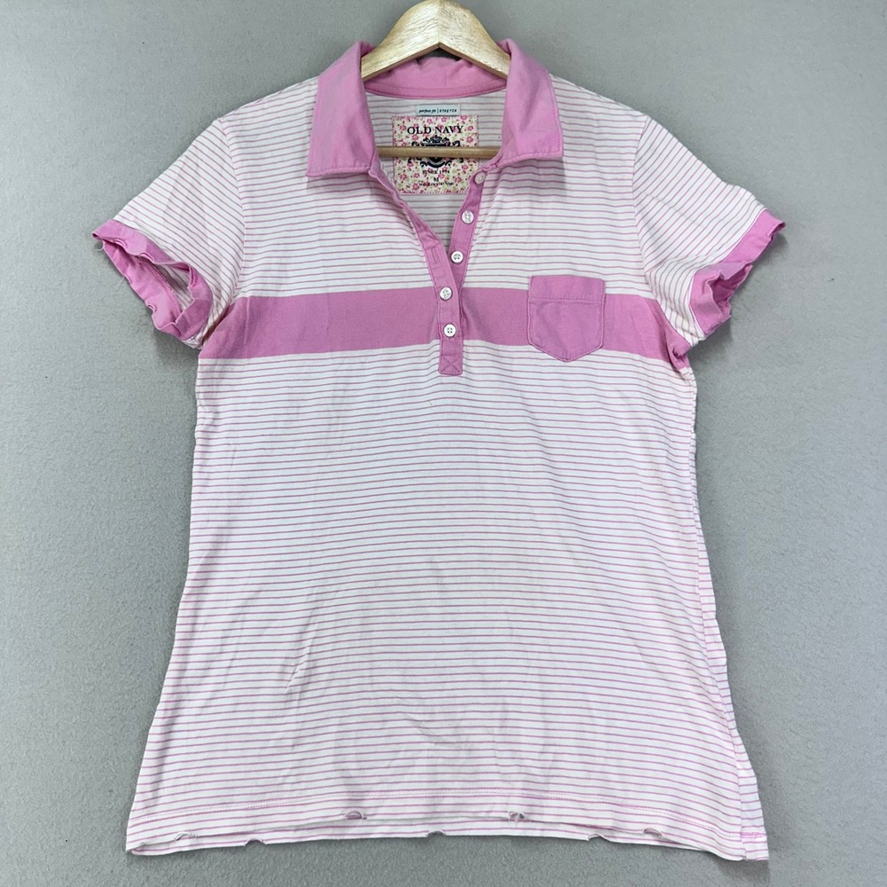VTG Y2K Old‎ Navy Polo Shirt Womens M Pink Striped Tennis Prep Preppy Cotton